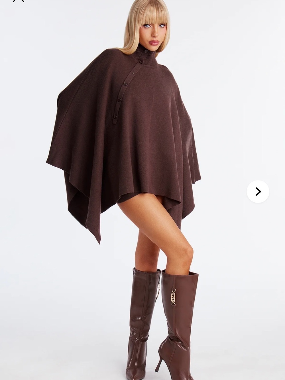 Women's Funnel Neck Button Poncho Sweater Set- Brown